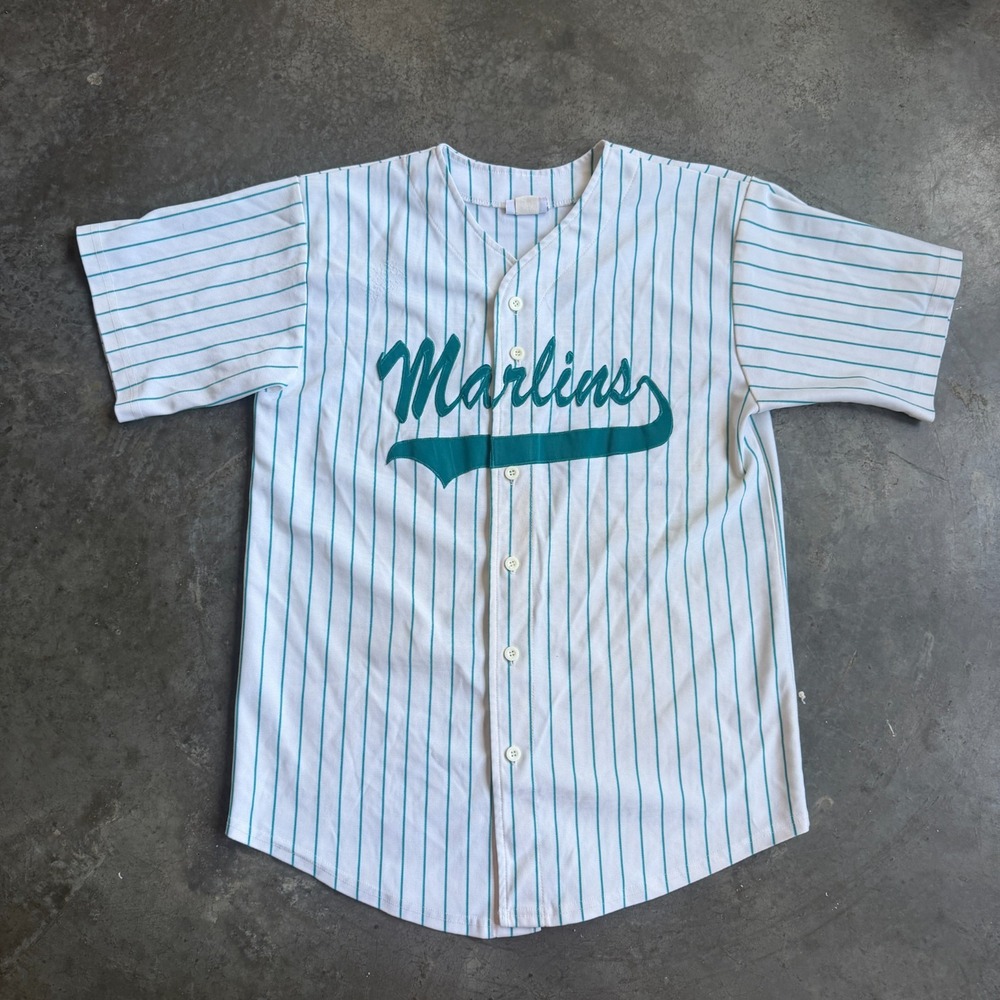 Vintage 90s Florida Marlins Pinstripe Jersey Baseball MLB White Blue Mens XL USA